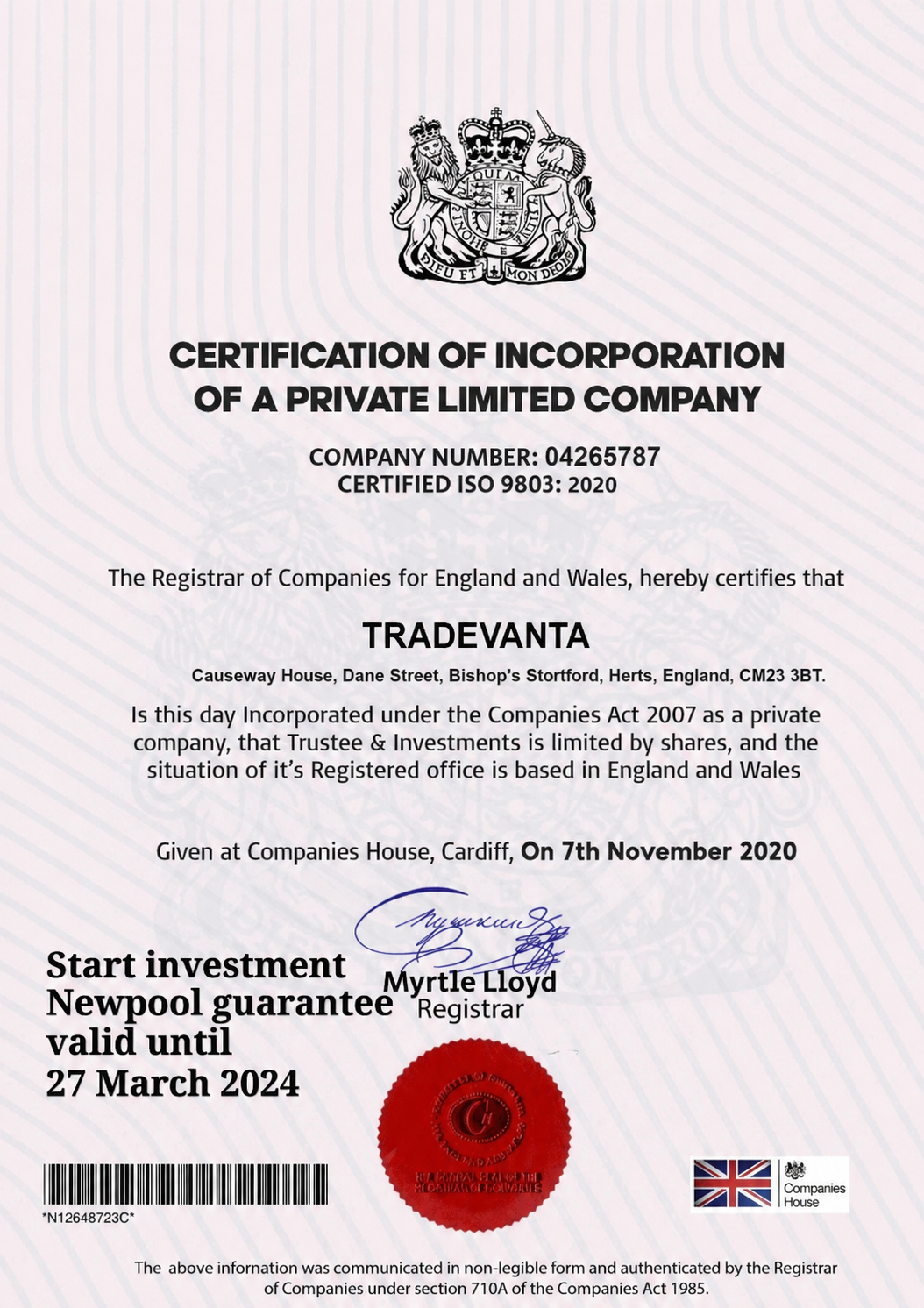 TradeVanta Certificate of Incorporation, company number 04265787